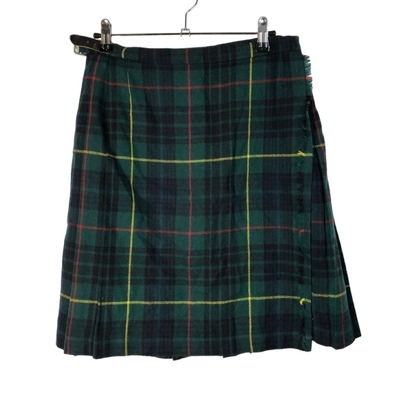Vintage Aston Wool Made in Scotland Green Plaid Mini Kilt Skirt M - Picture 1 of 4